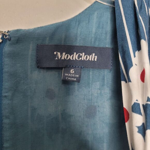 Modcloth Instant Energy Faux-Wrap Midi Dress 6 Blue Floral Tie Waist Sleeveless - Picture 6 of 8